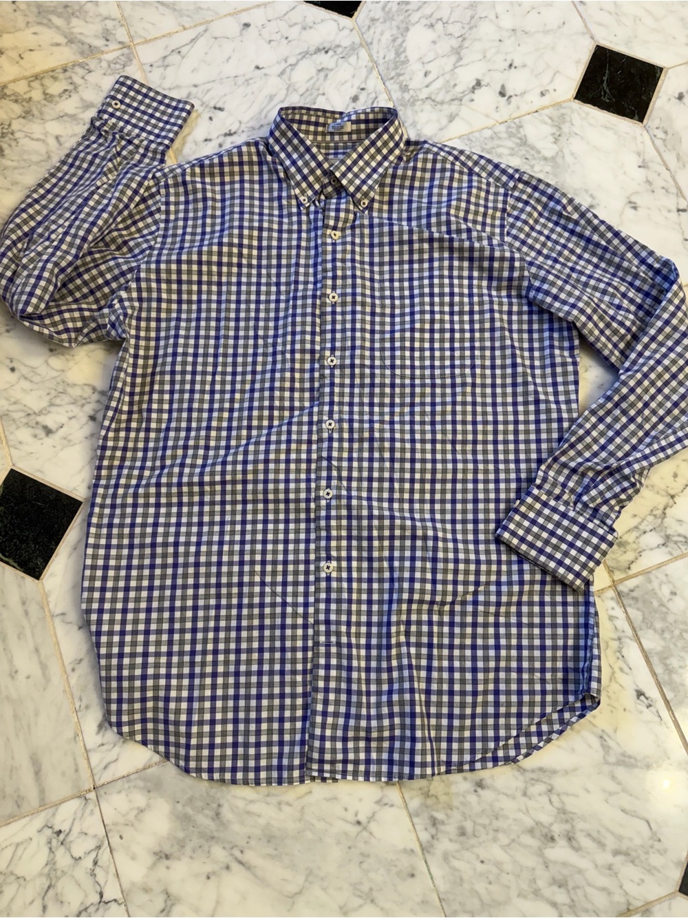 High End Peter Millar Men’s Grey/Purple Checked Button-Down Shirt Sz L